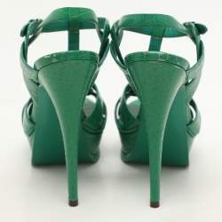 Saint Laurent Green Croc Embossed Leather Tribute Platform Sandals Size 39