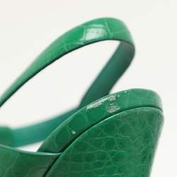 Saint Laurent Green Croc Embossed Leather Tribute Platform Sandals Size 39