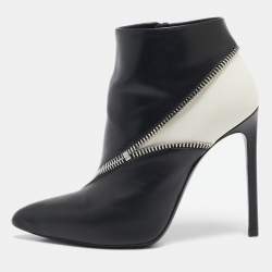 Saint Laurent Black/White Leather Zip Detail Ankle Length Boots Size 36