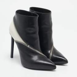 Saint Laurent Black/White Leather Zip Detail Ankle Length Boots Size 36