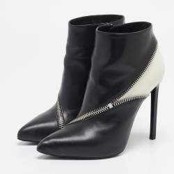 Saint Laurent Black/White Leather Zip Detail Ankle Length Boots Size 36