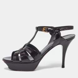Saint Laurent Burgundy Patent Leather Tribute Ankle Strap Sandals Size 39