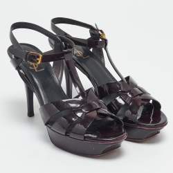 Saint Laurent Burgundy Patent Leather Tribute Ankle Strap Sandals Size 39