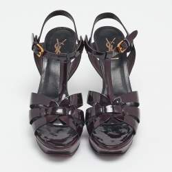 Saint Laurent Burgundy Patent Leather Tribute Ankle Strap Sandals Size 39