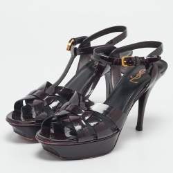 Saint Laurent Burgundy Patent Leather Tribute Ankle Strap Sandals Size 39