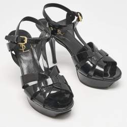 Saint Laurent Black Patent Leather Tribute Platform Sandals Size 38