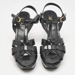 Saint Laurent Black Patent Leather Tribute Platform Sandals Size 38