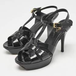 Saint Laurent Black Patent Leather Tribute Platform Sandals Size 38