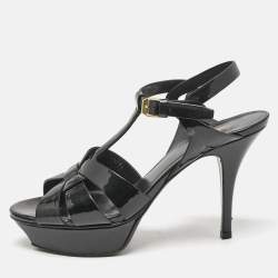 Saint Laurent Black Patent Leather Tribute Platform Sandals Size 38
