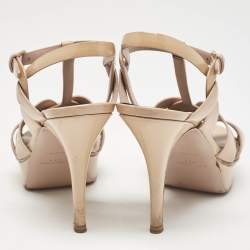 Pre Owned Saint Laurent Beige Patent Leather Tribute Ankle Strap Sandals Size 38
