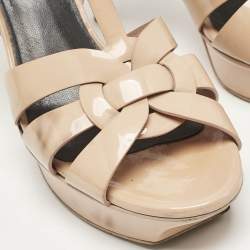 Pre Owned Saint Laurent Beige Patent Leather Tribute Ankle Strap Sandals Size 38