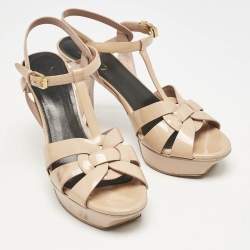 Pre Owned Saint Laurent Beige Patent Leather Tribute Ankle Strap Sandals Size 38