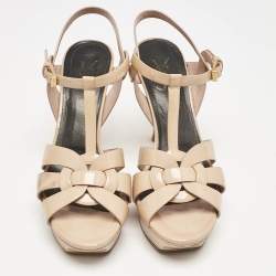 Pre Owned Saint Laurent Beige Patent Leather Tribute Ankle Strap Sandals Size 38