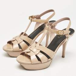 Pre Owned Saint Laurent Beige Patent Leather Tribute Ankle Strap Sandals Size 38