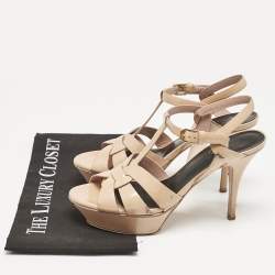 Pre Owned Saint Laurent Beige Patent Leather Tribute Ankle Strap Sandals Size 38