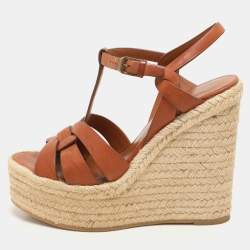 Saint Laurent Brown Leather Tribute Espadrille Wedge Sandals 37.5