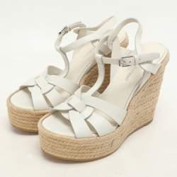Saint Laurent White Leather Tribute Wedge Espadrille Sandals Size 37.5