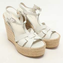 Saint Laurent White Leather Tribute Wedge Espadrille Sandals Size 37.5