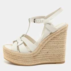 Saint Laurent White Leather Tribute Wedge Espadrille Sandals Size 37.5