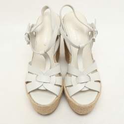 Saint Laurent White Leather Tribute Wedge Espadrille Sandals Size 37.5