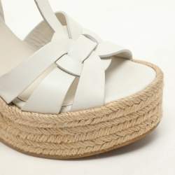 Saint Laurent White Leather Tribute Wedge Espadrille Sandals Size 37.5