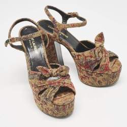 Saint Laurent Multicolor Brocade Fabric Candy Bow Platform Sandals Size 36