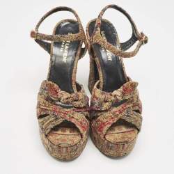 Saint Laurent Multicolor Brocade Fabric Candy Bow Platform Sandals Size 36
