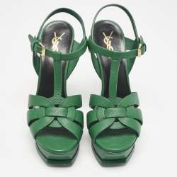Saint Laurent Green Leather Tribute Platform Sandals Size 37.5