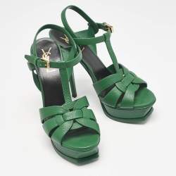 Saint Laurent Green Leather Tribute Platform Sandals Size 37.5