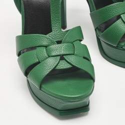 Saint Laurent Green Leather Tribute Platform Sandals Size 37.5