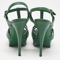 Saint Laurent Green Leather Tribute Platform Sandals Size 37.5