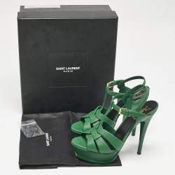 Saint Laurent Green Leather Tribute Platform Sandals Size 37.5