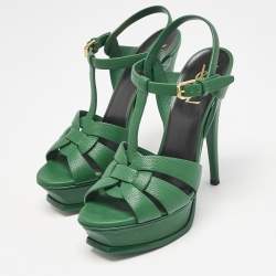 Saint Laurent Green Leather Tribute Platform Sandals Size 37.5