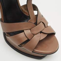 Saint Laurent Brown Leather Tribute Platform Sandals Size 36
