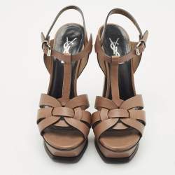 Saint Laurent Brown Leather Tribute Platform Sandals Size 36