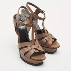 Saint Laurent Brown Leather Tribute Platform Sandals Size 36