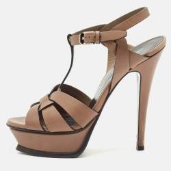 Saint Laurent Brown Leather Tribute Platform Sandals Size 36