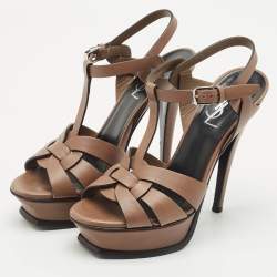 Saint Laurent Brown Leather Tribute Platform Sandals Size 36