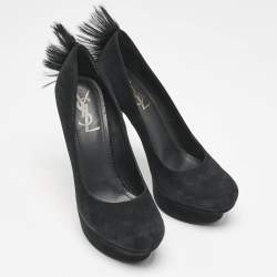 Saint Laurent  Black Fur and Suede Platform Pumps Size 39