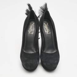 Saint Laurent  Black Fur and Suede Platform Pumps Size 39