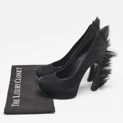 Saint Laurent  Black Fur and Suede Platform Pumps Size 39