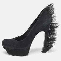 Saint Laurent  Black Fur and Suede Platform Pumps Size 39