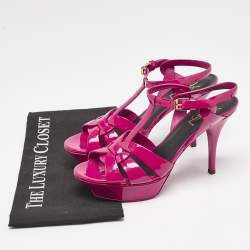 مملوكة مسبقًا Saint Laurent Purple Patent Leather Tribute Ankle Strap Sandals Size 38.5
