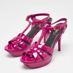 مملوكة مسبقًا Saint Laurent Purple Patent Leather Tribute Ankle Strap Sandals Size 38.5