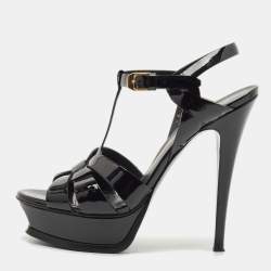 Saint Laurent Black Patent Leather Tribute Platform Sandals Size 38