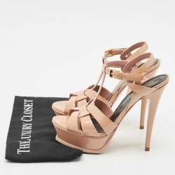 Saint Laurent Beige Patent Leather Tribute Platform Sandals Size 37.5