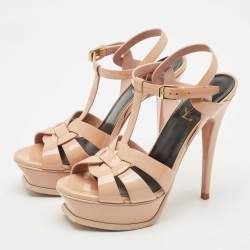 Saint Laurent Beige Patent Leather Tribute Platform Sandals Size 37.5
