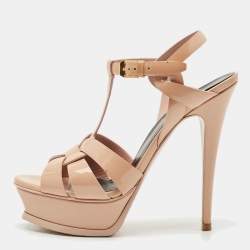 Saint Laurent Beige Patent Leather Tribute Platform Sandals Size 37.5