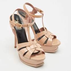 Saint Laurent Beige Patent Leather Tribute Platform Sandals Size 37.5