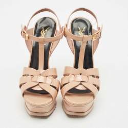 Saint Laurent Beige Patent Leather Tribute Platform Sandals Size 37.5